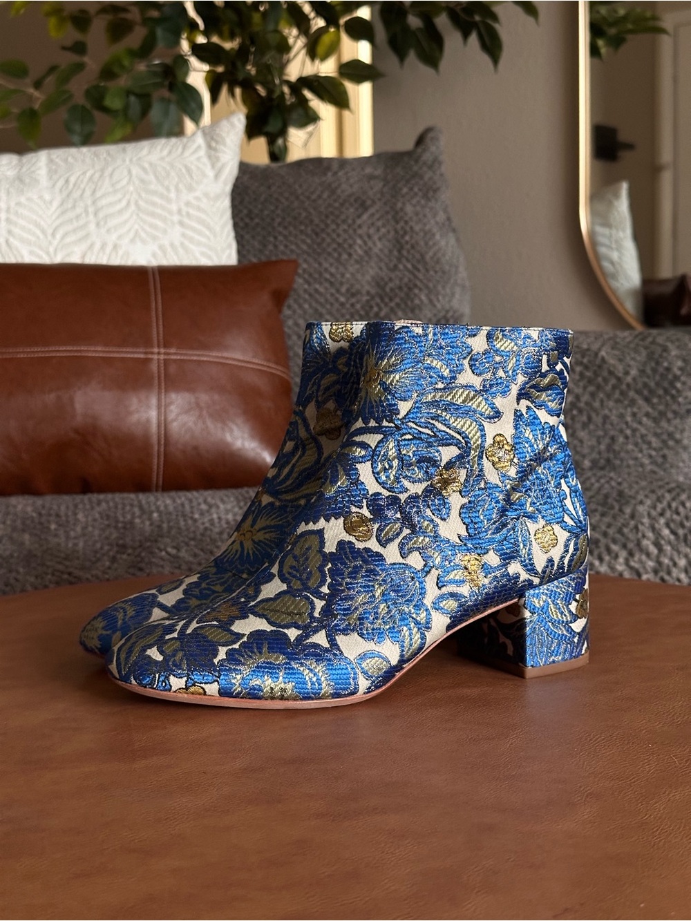 Tory Burch Shelby Blue Gold Floral Brocade Ankle Bootie 7.5